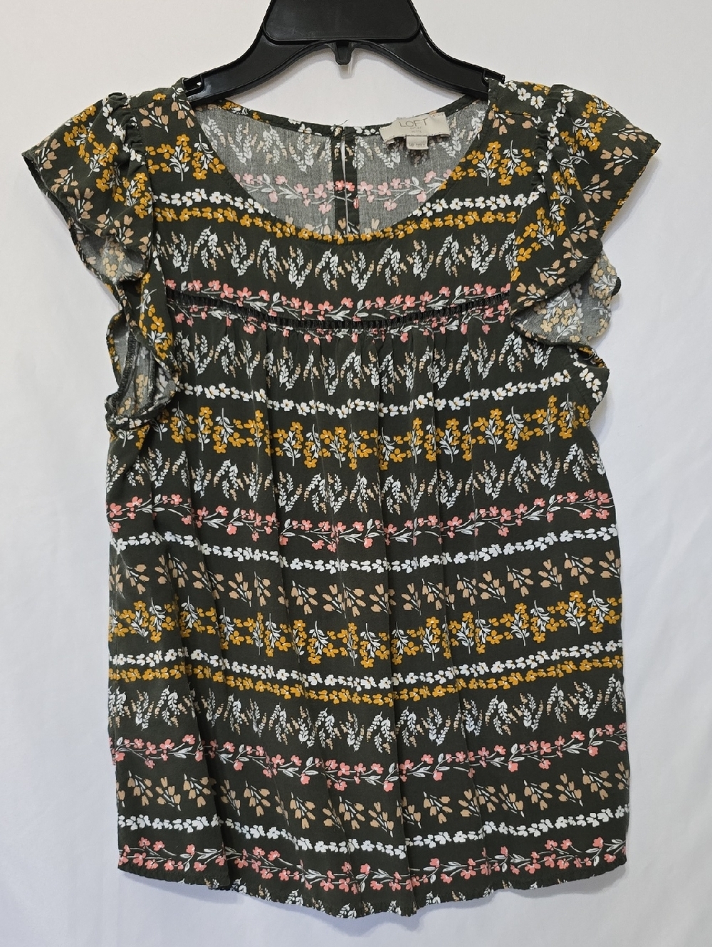 LOFT Floral Flutter Sleeve Blouse Olive Green Boho Top MP